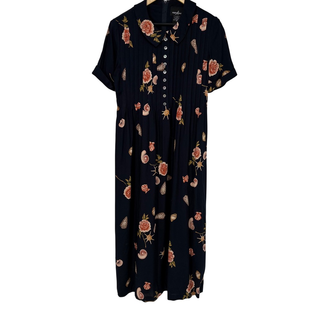 Positive Attitude Vintage Navy Shell‎ Floral Midi Dress Peter Pan Collar Size 8